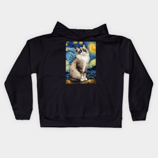 Adorable Ragdoll Cat Breed Painting in a Van Gogh Starry Night Art Style Kids Hoodie